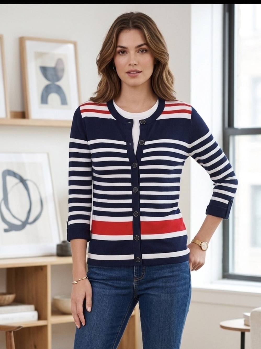 JONES NEW YORK Navy, White & Red Striped Sweater SIZE MEDIUM